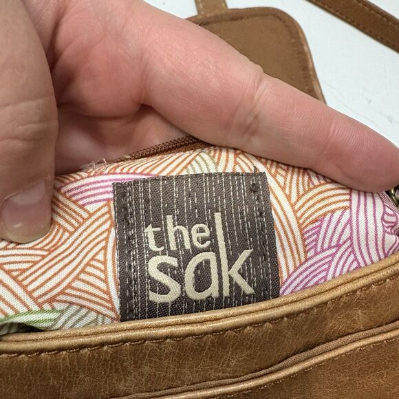 THE SAK Leather Crossbody Bag Pockets Tan Brown Adjustable Cane Ribbon Detail - Picture 7 of 11